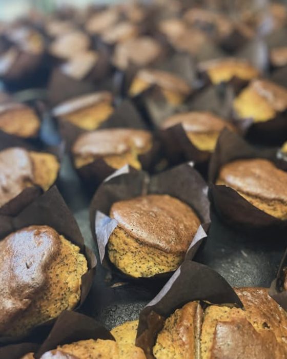 A tray of orange and poppy seed muffins in dark paper cases, still in the baking tray.